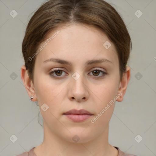 Neutral white young-adult female with short  brown hair and brown eyes