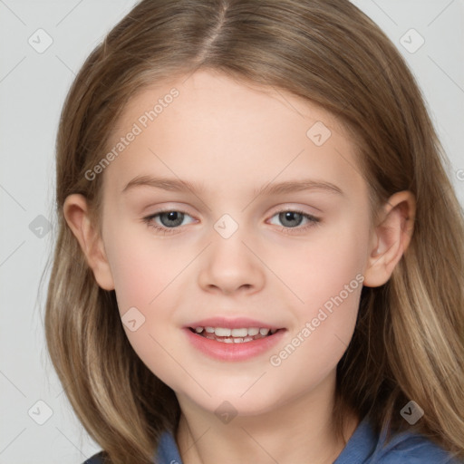 Joyful white child female with medium  brown hair and brown eyes