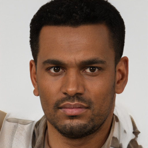 Neutral latino young-adult male with short  black hair and brown eyes