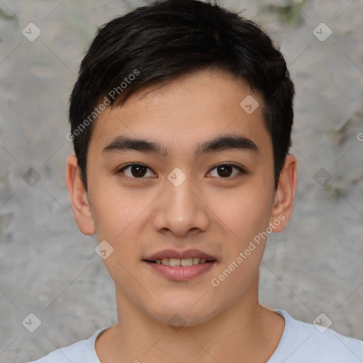 Joyful asian young-adult male with short  black hair and brown eyes