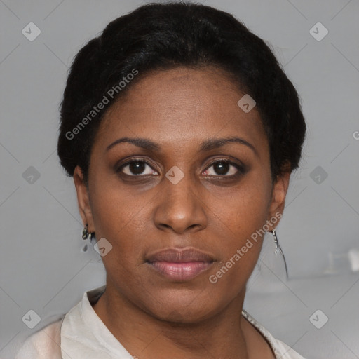 Neutral black young-adult female with short  black hair and brown eyes