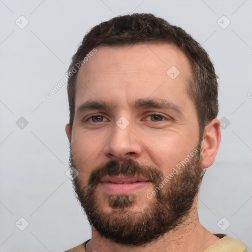 Neutral white young-adult male with short  black hair and brown eyes