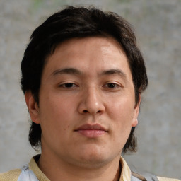 Neutral asian adult male with short  brown hair and brown eyes