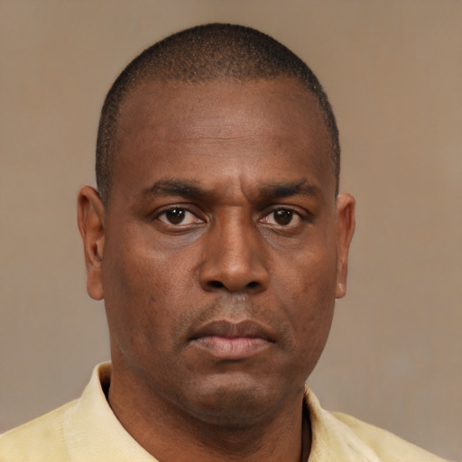 Neutral black adult male with short  brown hair and brown eyes
