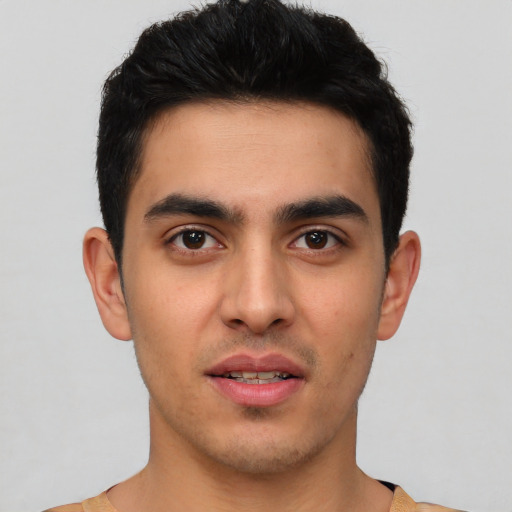 Joyful white young-adult male with short  black hair and brown eyes