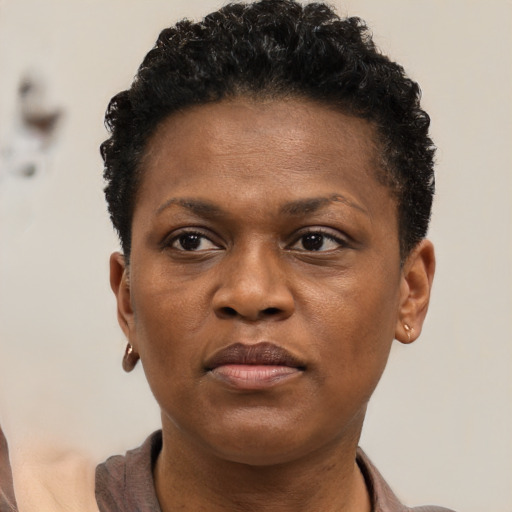 Neutral black young-adult female with short  brown hair and brown eyes