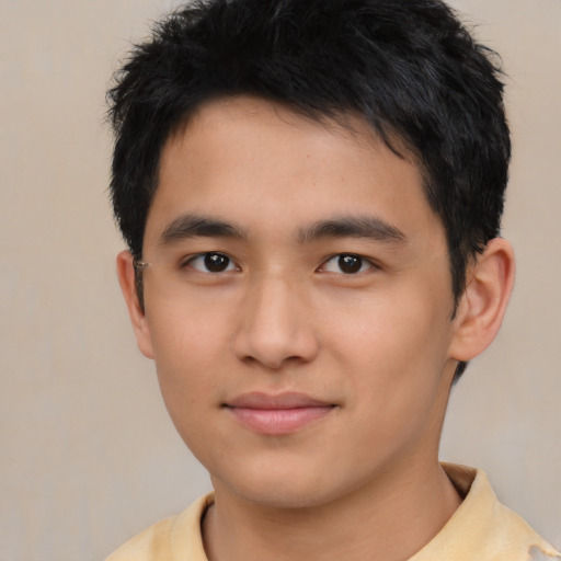 Neutral asian young-adult male with short  black hair and brown eyes