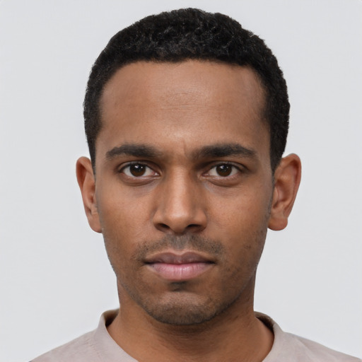 Neutral black young-adult male with short  black hair and brown eyes