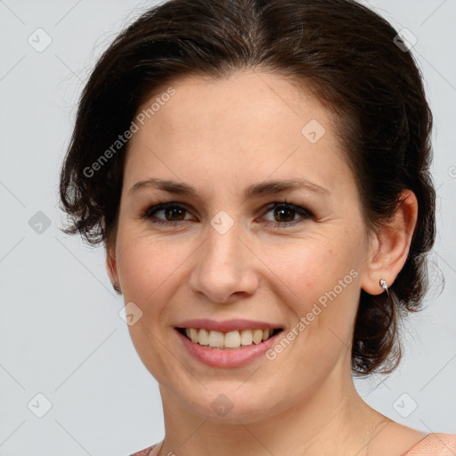 Joyful white young-adult female with medium  brown hair and green eyes