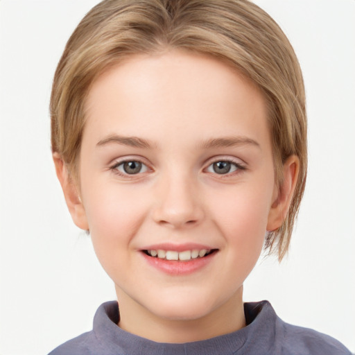 Joyful white child female with short  brown hair and grey eyes