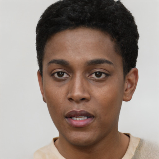 Neutral black young-adult female with short  black hair and brown eyes