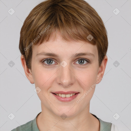 Joyful white young-adult female with short  brown hair and grey eyes