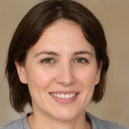 Joyful white adult female with medium  brown hair and brown eyes