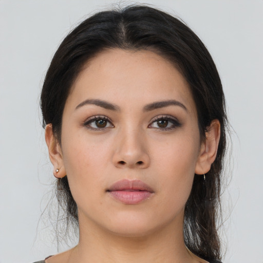 Neutral asian young-adult female with long  brown hair and brown eyes