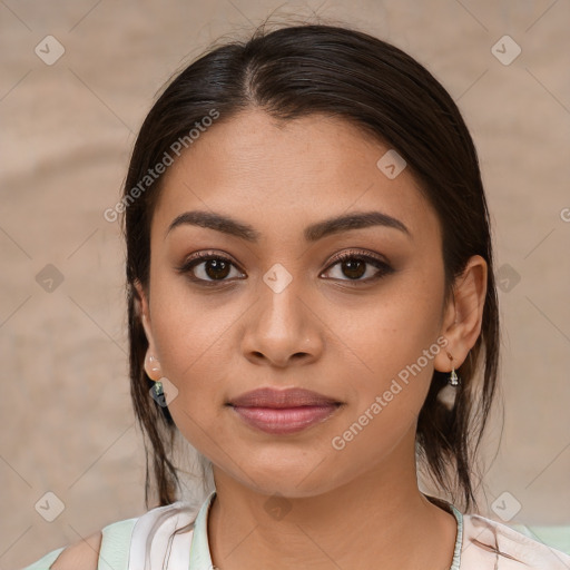 Joyful white young-adult female with medium  brown hair and brown eyes