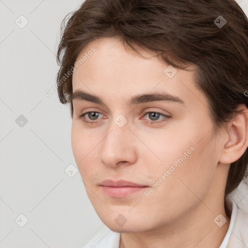 Neutral white young-adult female with short  brown hair and brown eyes