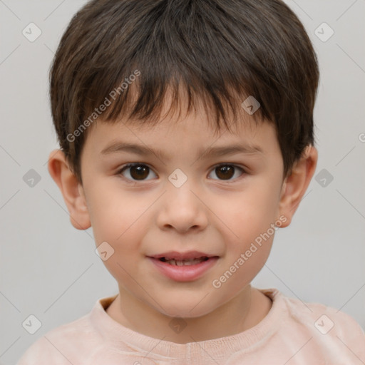 Joyful white child male with short  brown hair and brown eyes