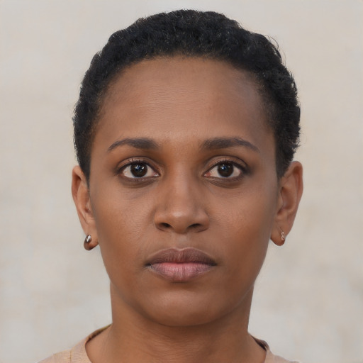 Neutral black young-adult female with short  brown hair and brown eyes