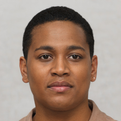 Neutral black young-adult male with short  brown hair and brown eyes