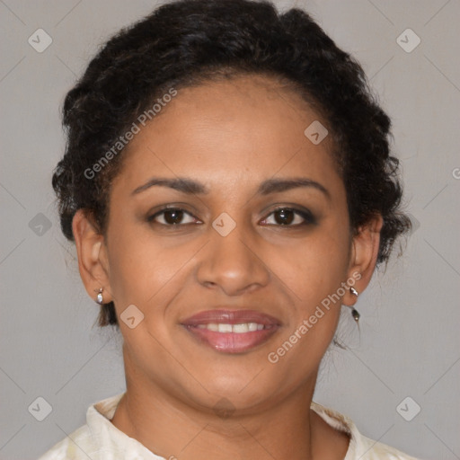 Joyful latino young-adult female with short  brown hair and brown eyes