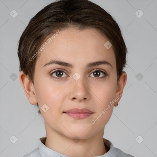 Neutral white young-adult female with short  brown hair and brown eyes