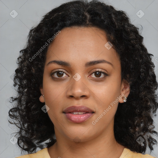 Joyful latino young-adult female with medium  black hair and brown eyes