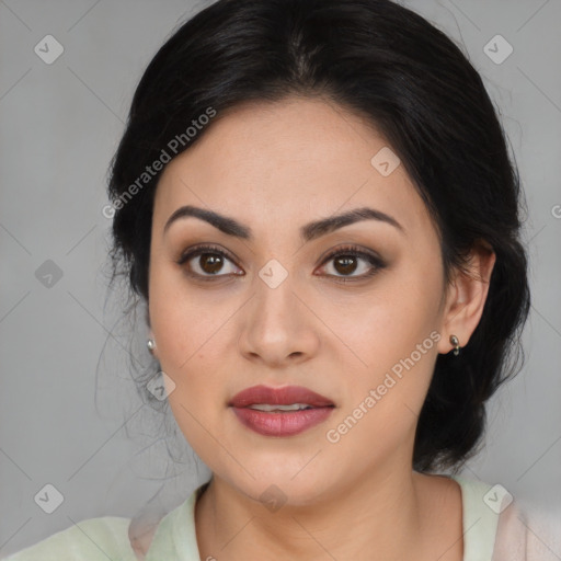 Joyful asian young-adult female with medium  black hair and brown eyes