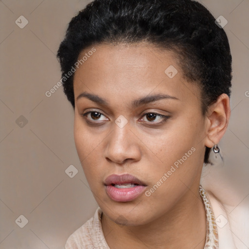 Neutral latino young-adult female with short  black hair and brown eyes