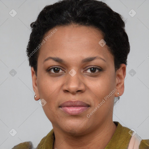 Joyful latino young-adult female with short  brown hair and brown eyes