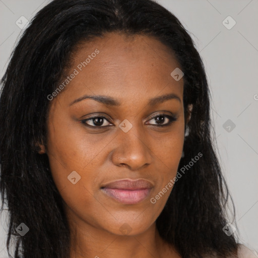 Joyful asian young-adult female with long  brown hair and brown eyes