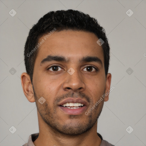 Neutral latino young-adult male with short  black hair and brown eyes