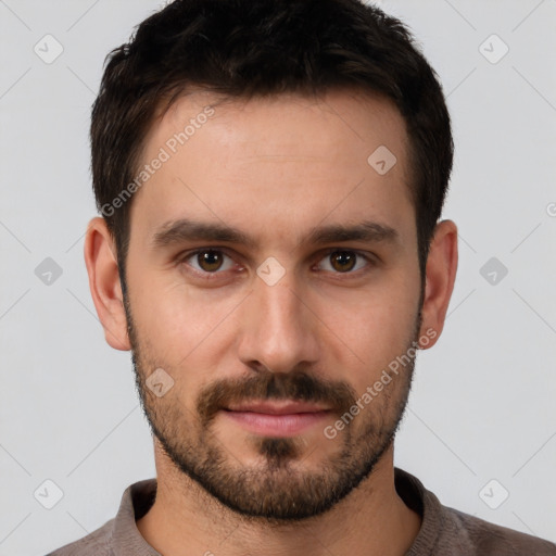 Neutral white young-adult male with short  brown hair and brown eyes