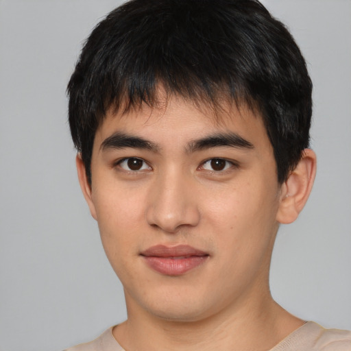 Neutral asian young-adult male with short  black hair and brown eyes