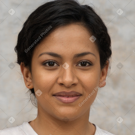 Joyful latino young-adult female with short  brown hair and brown eyes