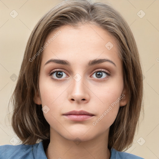 Neutral white young-adult female with medium  brown hair and brown eyes