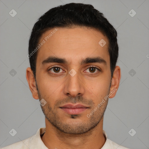 Neutral latino young-adult male with short  black hair and brown eyes