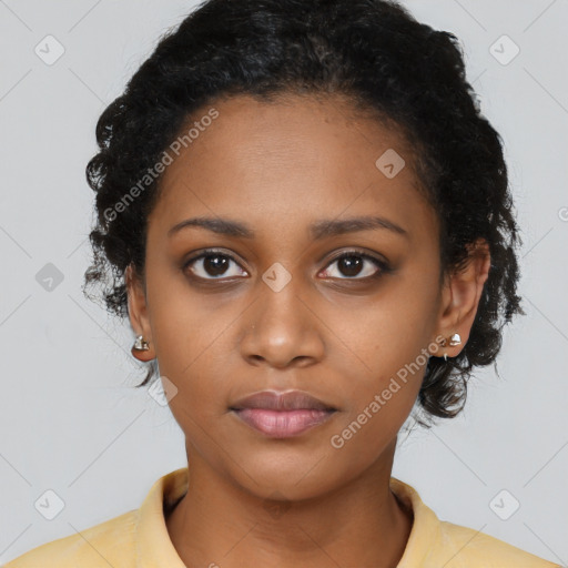 Neutral black young-adult female with short  black hair and brown eyes