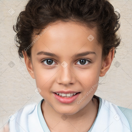 Joyful white child female with short  brown hair and brown eyes