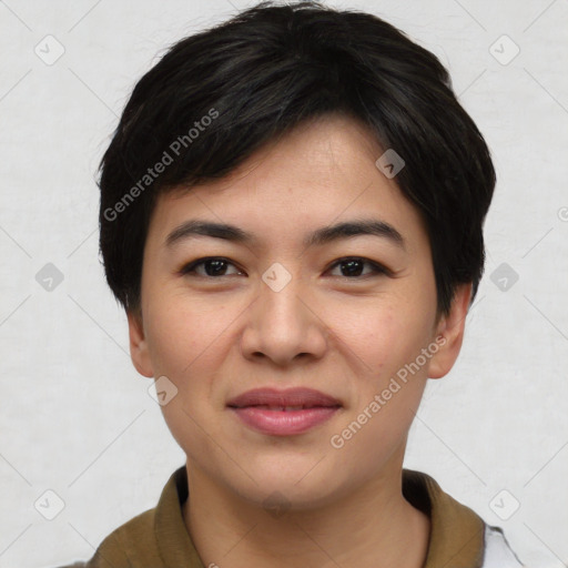 Joyful asian young-adult female with short  black hair and brown eyes