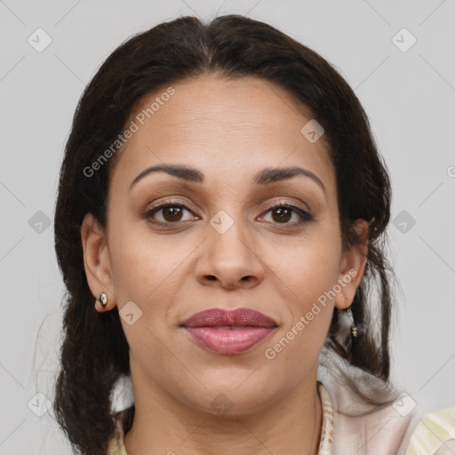 Joyful black young-adult female with medium  brown hair and brown eyes