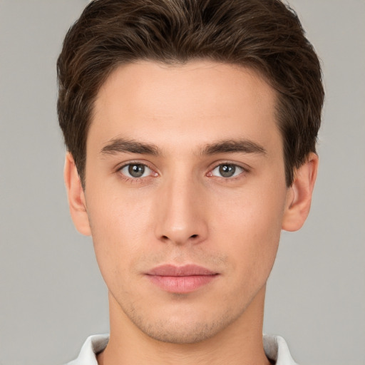 Neutral white young-adult male with short  brown hair and brown eyes