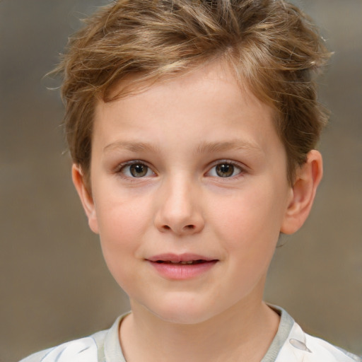 Joyful white child female with short  brown hair and brown eyes