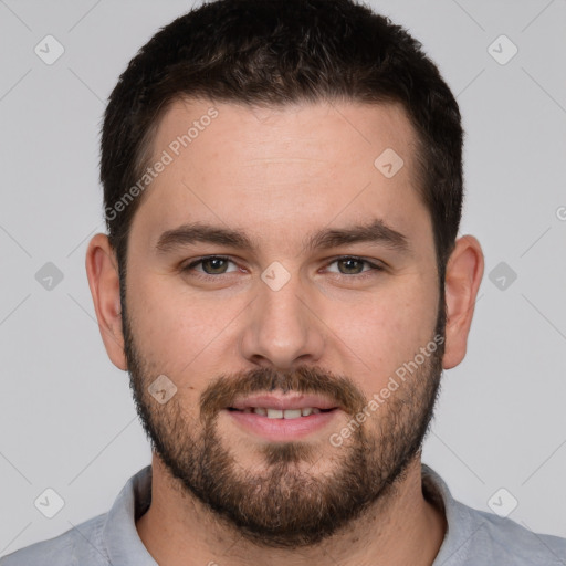 Neutral white young-adult male with short  brown hair and brown eyes