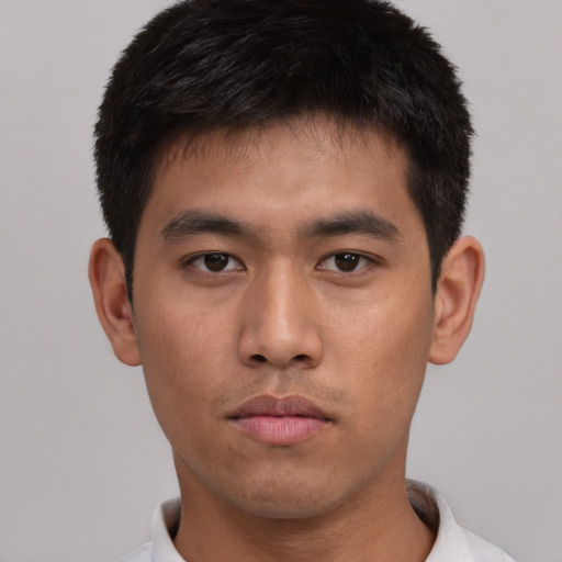Neutral asian young-adult male with short  black hair and brown eyes