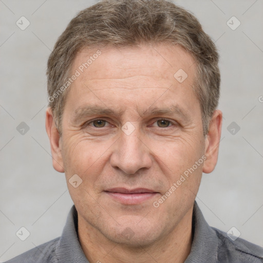 Joyful white middle-aged male with short  brown hair and brown eyes