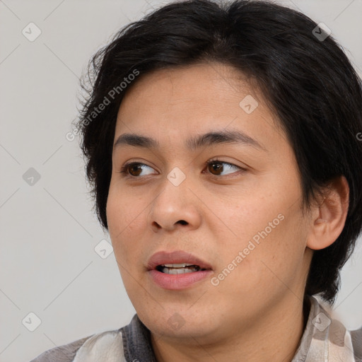 Joyful white young-adult female with medium  brown hair and brown eyes