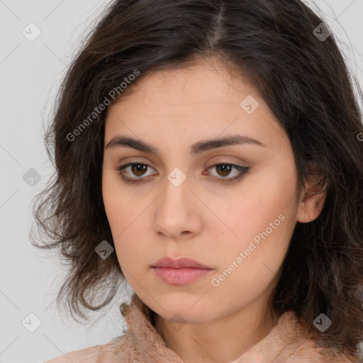 Neutral white young-adult female with medium  brown hair and brown eyes