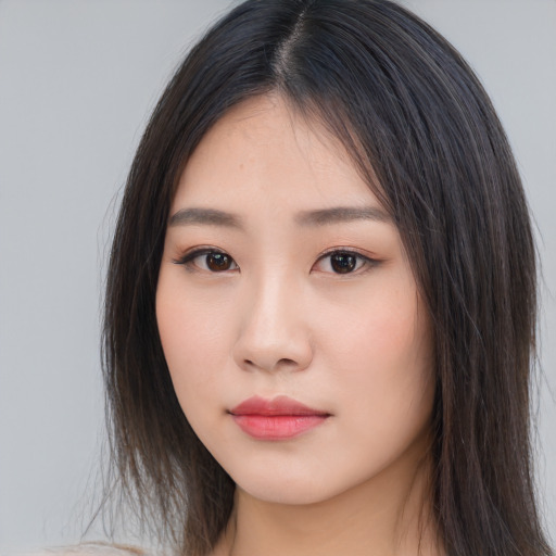 Neutral asian young-adult female with long  brown hair and brown eyes
