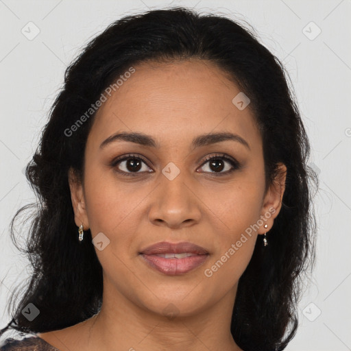 Joyful latino young-adult female with long  brown hair and brown eyes