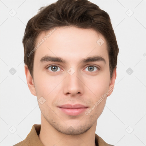 Neutral white young-adult male with short  brown hair and grey eyes